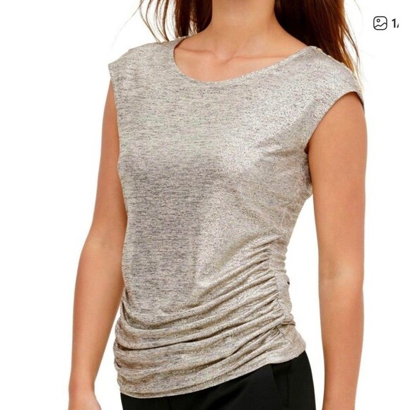 Calvin Klein Tops - Calvin Klein Sleeveless Top Gold Shimmer Ruched Button Accent Size Small